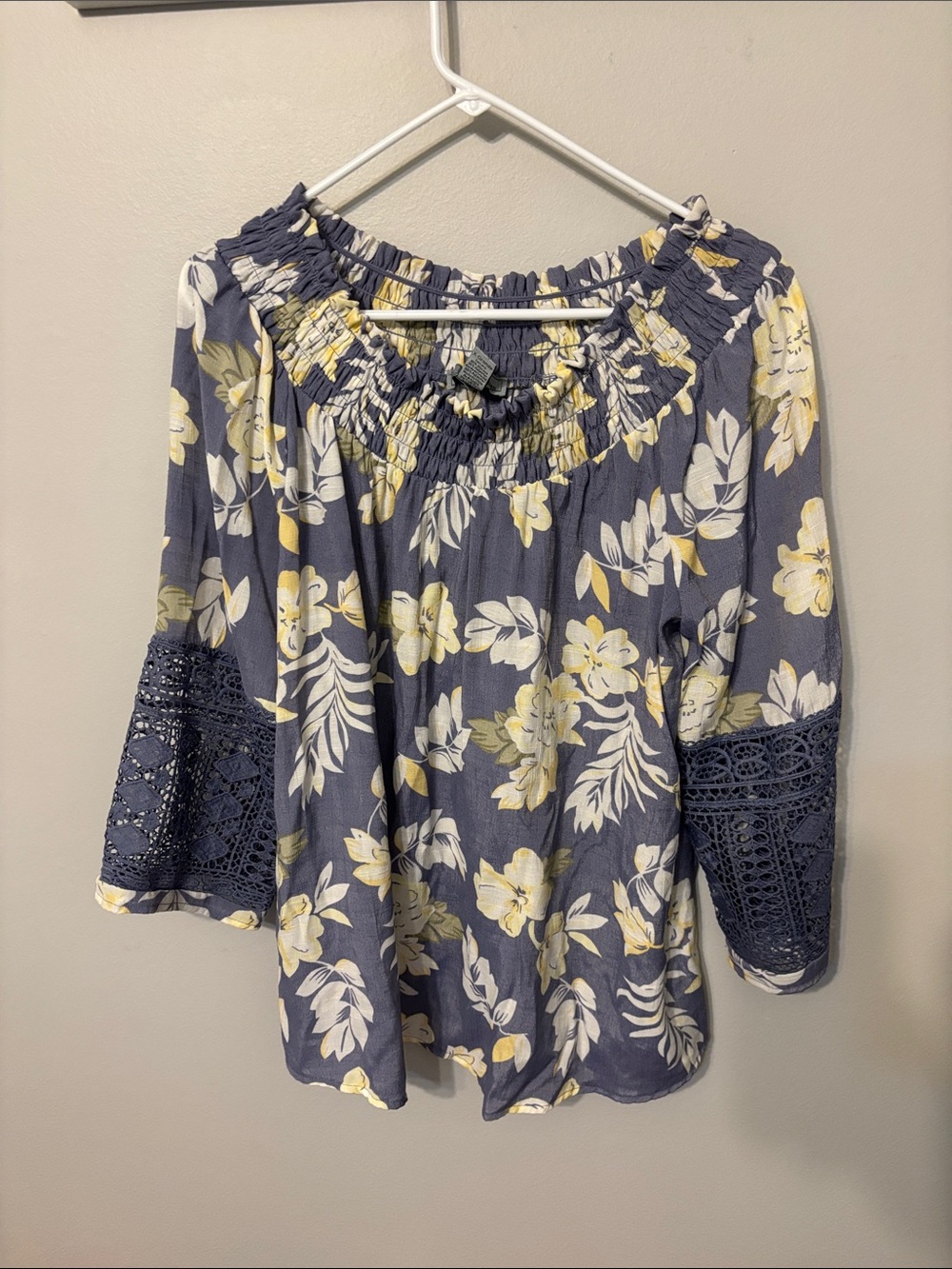 By Design Women's Navy Floral Off-Shoulder Blouse with Lace Sleeves